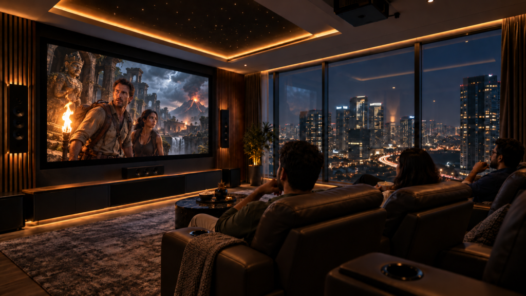 Home theatre installation in a Financial District Hyderabad high-rise apartment